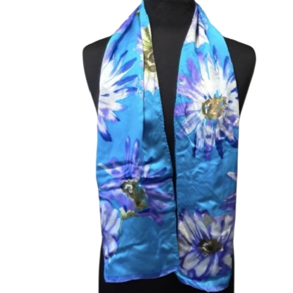 Vintage 90s Ellen Tracy Floral Silk Scarf Blue and Purple Boho Chic Bohemian